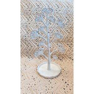 White Cast Iron Ginkgo Leaf Jewelry Tree Stand Distressed Shabby Chic Organizer